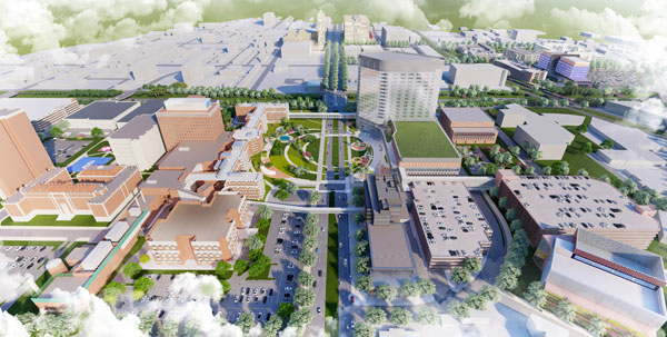 An aerial conceptional view of the Henry Ford hospital campus looking east along West Grand Boulevard. The legacy hospital campus is on the left, the new campus on the right.
