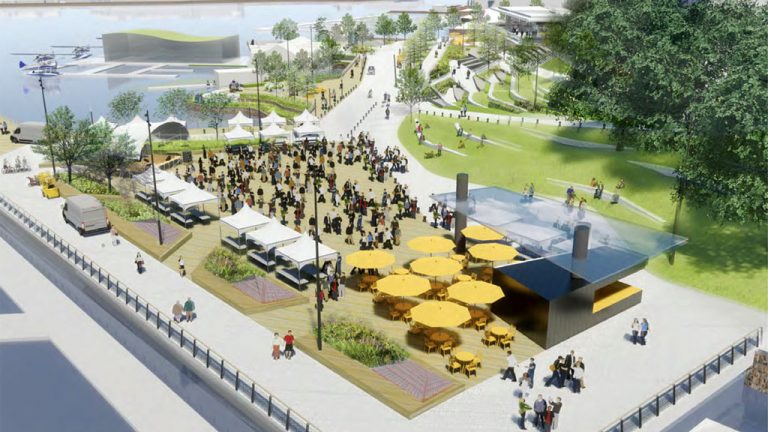 The draft site design for Victoria’s Ship Point features a key portion of the harbour pathway that prioritizes universal pedestrian access. The proposed design works with the dramatic grade changes across the site to create a harbour amphitheatre of terraced landscape that facilitates public gathering, universal access, views of the Inner Harbour and opportunities for a wide range of arts and cultural programming.