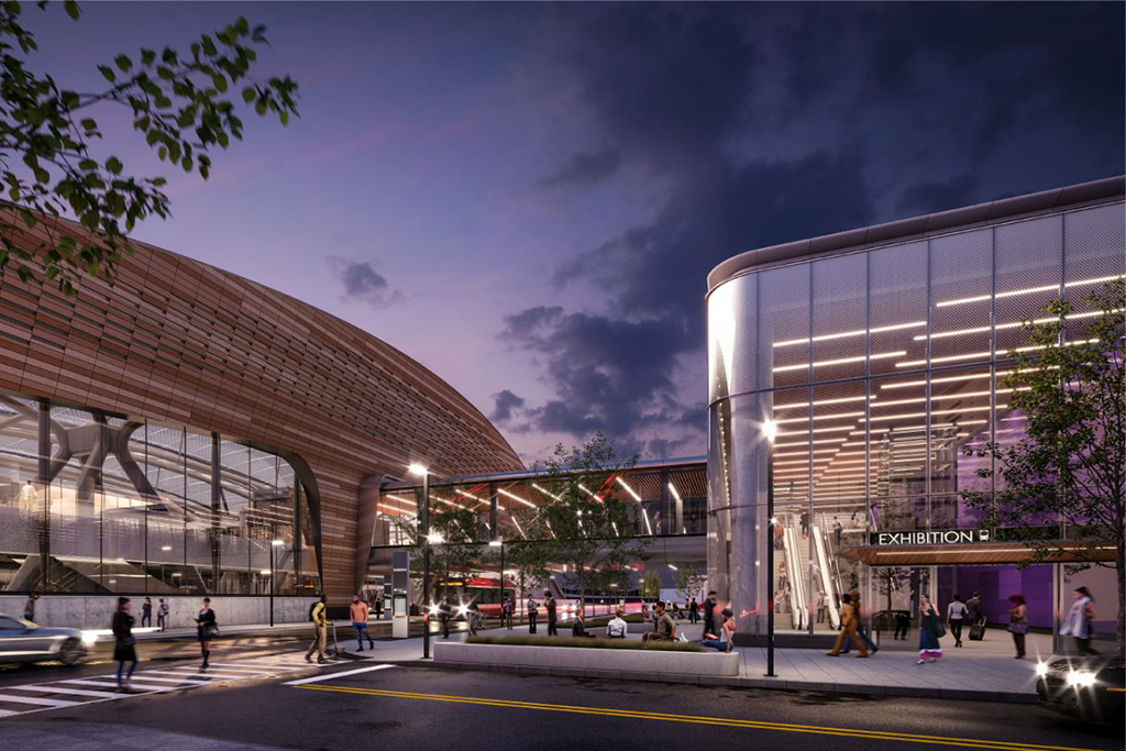 A rendering of the future Exhibition Station north entrance building, part of the Ontario Line project.