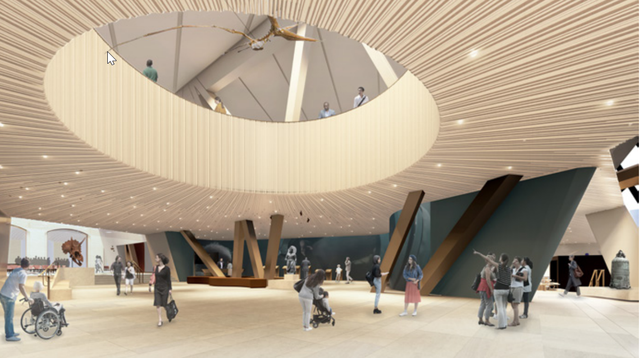 An oculus in the lobby will provide views to the dinosaur galleries above and allow natural light to flood into the space.
