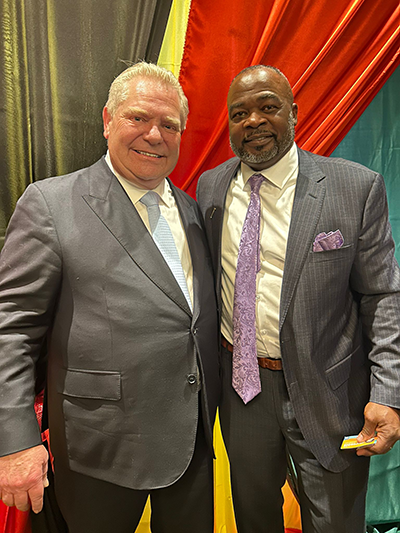 Premier Doug Ford recently attended a celebration of the contributions of Black Canadians in the legislature. He is pictured with Chris Campbell, director of equity, diversity and inclusion for the Carpenters’ Regional Council.