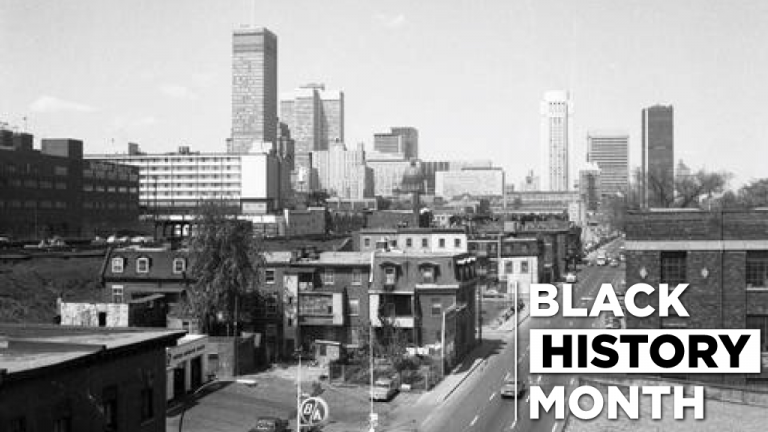 Looking east along rue Saint-Antoine in Montreal in May 1967. Everything north of the street (to the left) was demolished as part of highway construction. Everything to the south except the Tyndale Centre in the foreground was demolished as part of the urban renewal project.