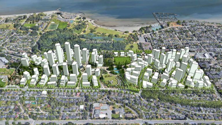The Jericho Lands mixed-use development will transform a 90-acre site in West Point Grey, a neighbourhood on the far west side of Vancouver. The plan calls for dozens of highrise towers, up to 49 storeys high, plus numerous mid- and low-rise buildings.