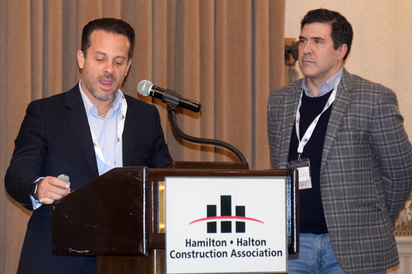 PJ Mercanti of the Hamilton Urban Precinct Entertainment Group (left) and Tom Pistore of OVG Canada recently updated HHCA members on plans for the renovation of FirstOntario Centre in downtown Hamilton and redevelopment of the surrounding district.