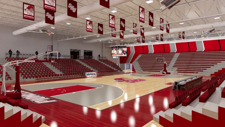 A design rendering of the interior of Sacred Heart University’s William Pitt Athletic and Convocation Center, which will undergo renovations starting this spring.