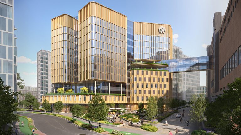 The $638.3-million Clinical Support and Research Centre will soon rise adjacent to St. Paul’s Hospital on a 7.4-hectare site in the False Creek Flats neighbourhood of Vancouver. The 12-storey, 370,000-square-foot facility will be connected to the hospital by a sky-bridge.