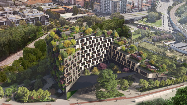 The Bosconavigli residential development in Milan, Italy brings extensive greening to a redeveloped urban site.