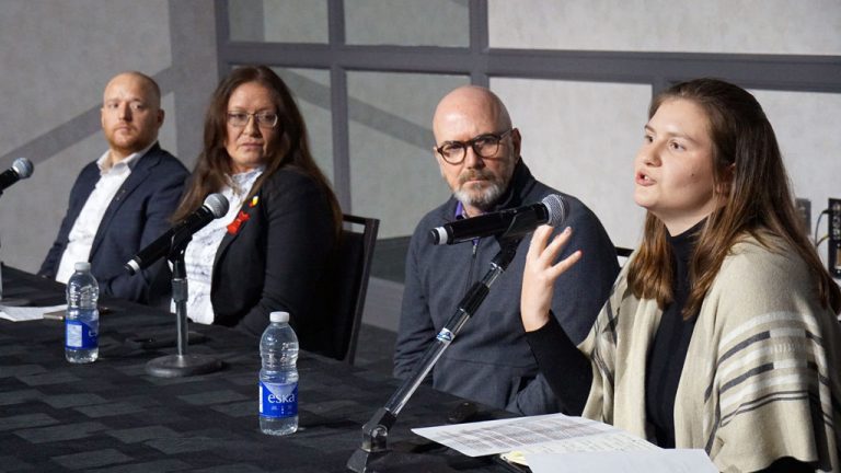 Kyara Wendling of Smoke Architecture speaks at a panel session on Indigenous partnerships in building in timber. From left: Ivan LaRoche, UBC Prairie Arctic Regional Council; Valerie Vanderwyk, Aboriginal Apprenticeship Board of Ontario; and Patrick Chouinard, Element5.