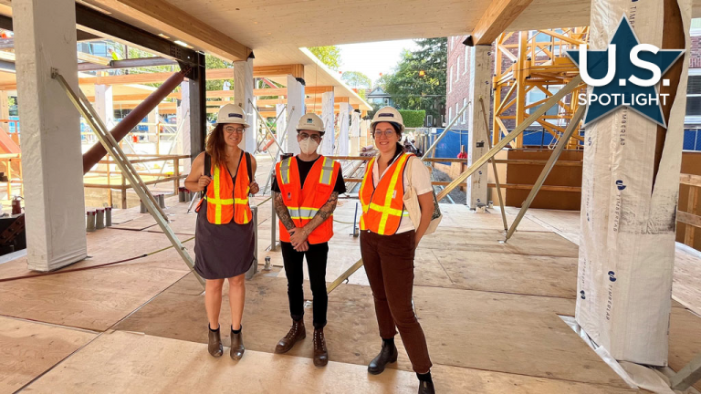 Shown is the atelierjones team at Heartwood, a tall timber midrise in Seattle and the first building in the U.S. completed as-of-right under the new Type-IV codes.