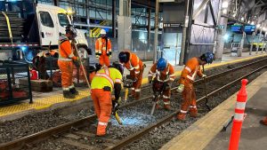 BuildForce Canada’s 2024 forecast report for Ontario says multiple large projects in all corners of the province will help sustain ICI construction late into the decade. Pictured, Aecon supported track work at Toronto’s Union Station as part of the Metrolinx GO Expansion On-Corr project earlier this month.