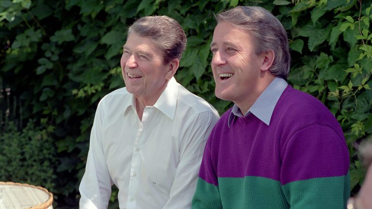 Former U.S. president Ronald Reagan (left) and then prime minister Brian Mulroney chatted in Italy in 1987. The two were famously on friendly terms.