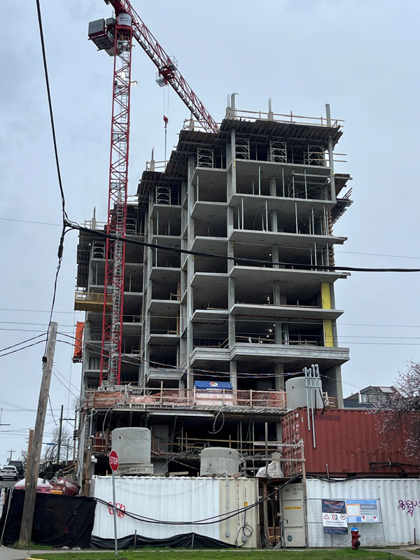 The developer of this Esquimalt condo wanted to add two more floors to the nine above-grade levels but the request was turned down by Esquimalt politicians.