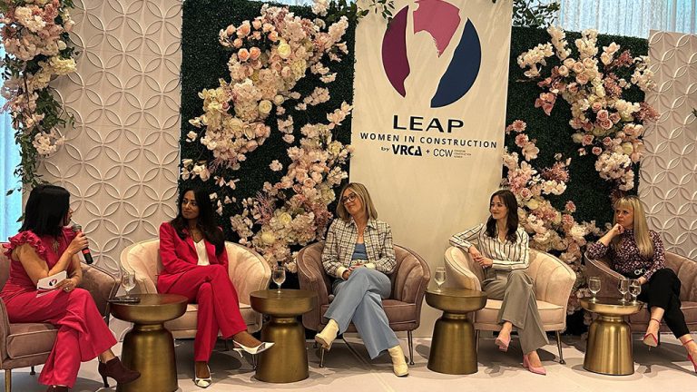 The Sisterhood at Work panel at the VRCA and CCW’s inaugural LEAP Women In 鶹ýion Conference, held March 8 in Vancouver, detailed many issues faced by women in the workplace. From left, CCW president Seema Lal, Crown Building Supplies CFO Jas Sangha, Shauna Moran of Shauna Moran Coaching, The Thoughtful Co. co-founder Sophie Warwick and Thriveworks Coaching & HR Consulting founder Polina Kouzmina.