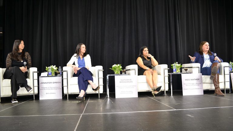 Jennifer Khan, VP of inclusive diversity at EllisDon; Jennifer Green, director of competitions and business development, Skills, Ontario; Natasha Braganza, national program co-ordinator, Maple Reinders; and Meg Mathes, senior manager – diversity, equity and inclusion, Modern Niagara Group, had a candid conversation about women’s issues in the construction industry during the Women in Construction Gala.