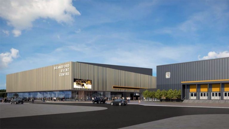 Shown is an illustrative rendering of a potential new downtown sports and entertainment centre for Brantford, Ont. Recently, city council invited responses for partnerships in the next phase of the development.