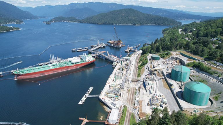 The Pacific Garnet, a crude oil tanker, was the first to ship out oil from the Westridge Marine Terminal Berth 1 at Burrard Inlet, B.C. after commissioning in July 2023. The facility features a dynamic mooring system with special dock fenders and a new vessel approach system.