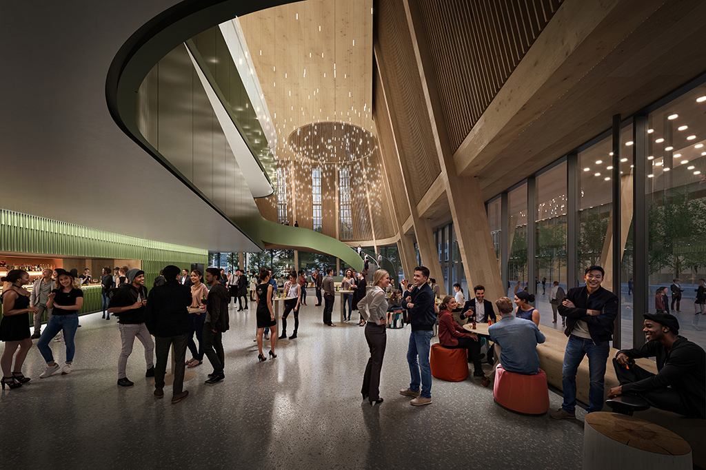 A rendering shows the main lobby of the Arts Commons Transformation.