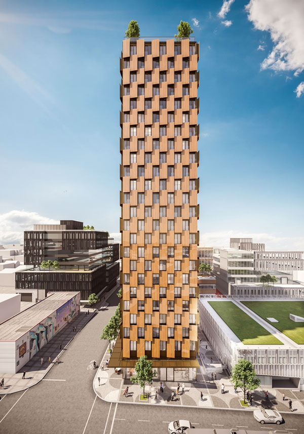 M5 will be a net-zero lifecycle carbon tower, which means it is being designed to minimize both operational and embodied carbon and will have the same impact on the environment as if it was never built. The panels of the exterior wall assembly will resemble the scales of a pinecone.