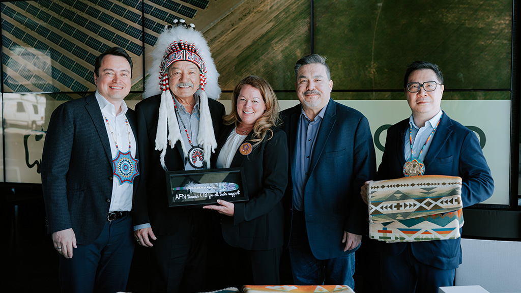 Stakeholders gathered in Vancouver to formalize the Tilley Solar project in southern Alberta. From left to right: FNpower CEO Firman Latimer, Alexander Nation Chief George Araand Jr., CIB managing director of Indigenous and Northern Infrastructure Hillary Thatcher, Alexander Business Corporation president and CEO Ian Arcand and Concord Pacific CEO Terry Hui.