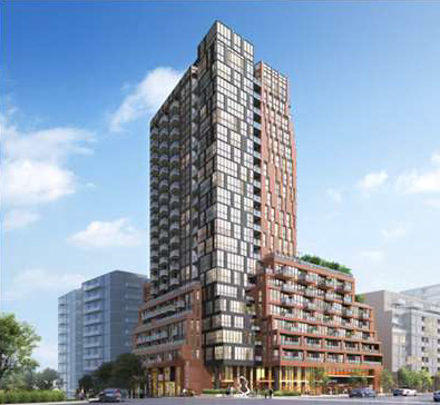 Mixed-use high-rise development at 5507-5509 Dundas Street West, Toronto, Ontario.