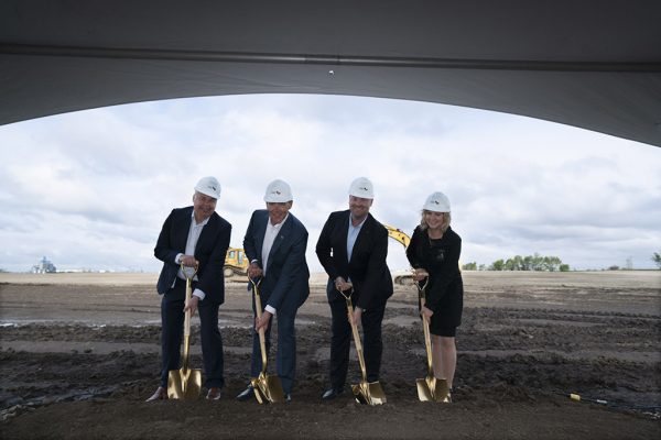 Stakeholders break ground on the new CGC Inc. wallboard manufacturing plant in Wheatland County, Alta. Left to right: Rick Christiaanse, CEO, Invest Alberta; Chris Griffin, CEO, USG; Steve Youngblut, general manager, CGC; and Amber Link, Reeve, Wheatland County.