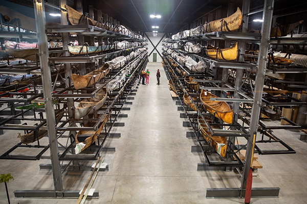 In addition to the 100 canoes on display in the exhibit hall, a new collections hall showcases all of the canoes in storage. The museum worked with a local steel shop in Peterborough to build all 600 pallets to house each canoe. They are fully adjustable and meet curatorial standards. 
