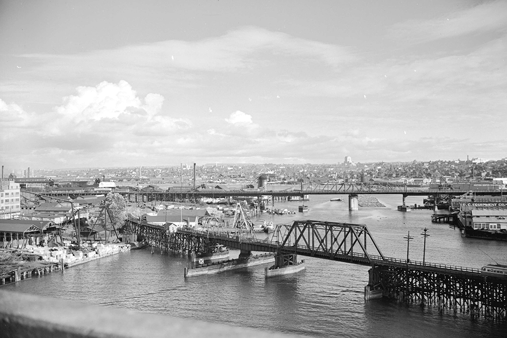 A view of False Creek South from the Burrard Bridge in 1941.