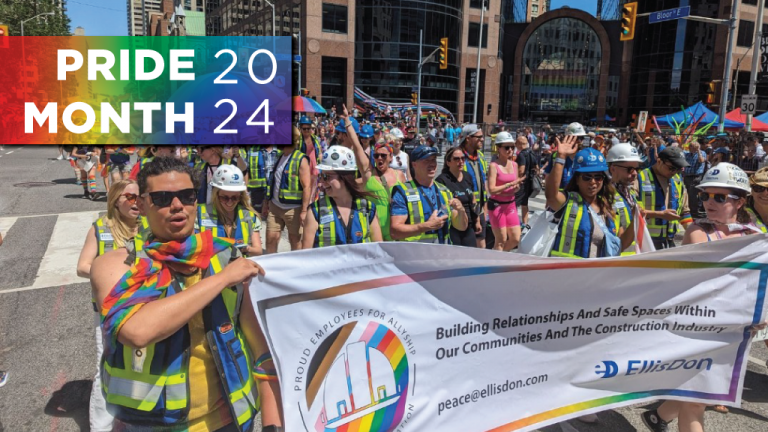 EllisDon workers fly a PEACE banner during last year’s Toronto Pride parade.