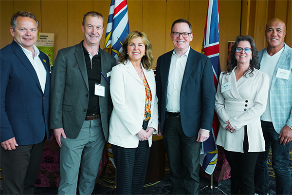 Construction and political leaders met for the VRCA’s second Construction Conversations session held June 13 in Burnaby. Left to right: BCCA president Chris Atchison, North America Construction senior project development manager Ronan Deane, VRCA president Jeannine Martin, BC United leader Kevin Falcon, Wilson M. Beck Insurance Services Inc. principal Nikki Keith, Southwest Contracting Ltd. president Will Pauga.