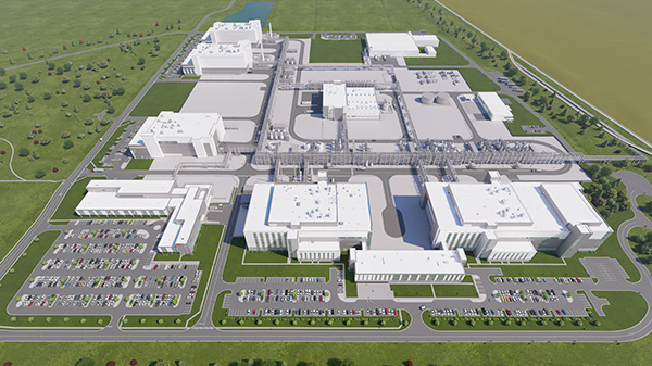 A rendering shows a top down view of Lilly's new 600 acre LEAP Indiana campus.