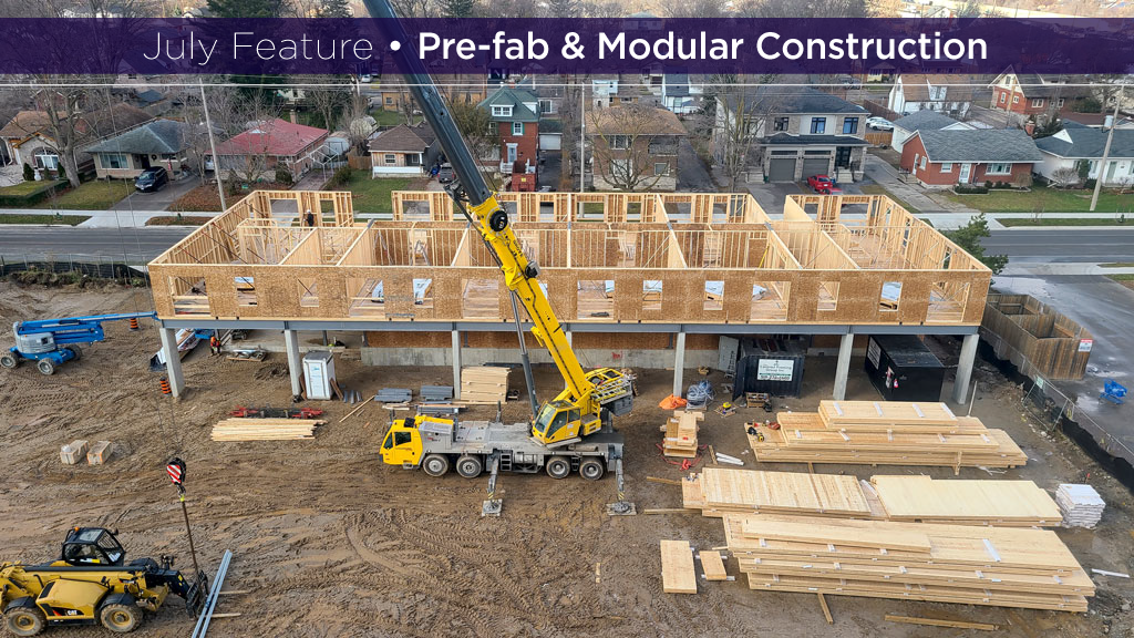 Pictured is building two, a part of the 55 Franklin project, which will consist of four six-storey, 60-unit side-by-side hybrid buildings. The photo shows equipment erecting panelized lightwood frame walls to support CLT floors above.