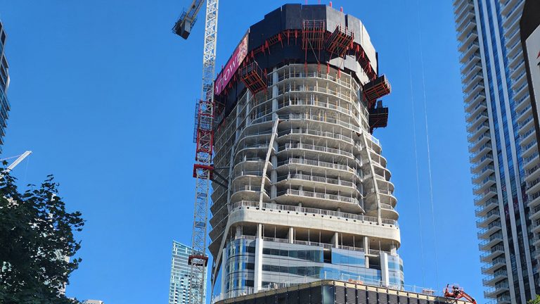 The SkyTower will utilize a custom designed tuned mass damper to slow down the acceleration of the sway at the top of the building. Construction has reached the 33rd floor.