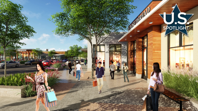 A rendering shows the town square event space surrounded by retail at Five & Main.