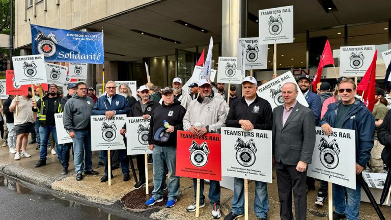 Shown is a rally this morning at CN’s headquarters in Montreal. They are members of the Teamsters Union from CN. Canadian National Railway Co. and Canadian Pacific Kansas City Ltd. locked out 9,300 engineers, conductors and yard workers after the parties disagreed on a new contract before the midnight deadline.