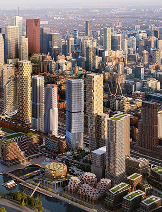 Toronto City Council has approved rezoning to permit three mixed-use towers with heights of 70, 64 and 55 storeys (from left in drawing) and other structures.