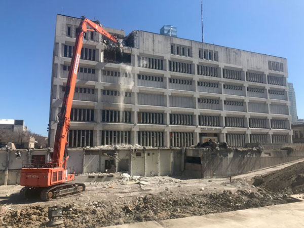 The PSB, on whose site Market Lands is arising, was demolished in 2020. Designed by local architect Les Stechesen, the PSB was a notable example of Brutalism.