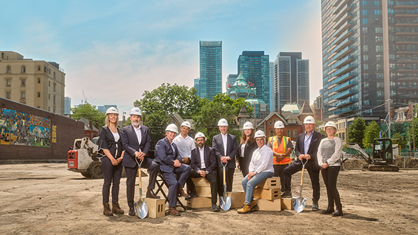 Pictured during the recent groundbreaking for 591 Sherbourne in Toronto are Yvonne Yorke, senior property manager, Medallion; Rad Vucicevich, director of development and construction, Medallion; Henry Burstyn, director, Arcadis; Rishit Davar, project coordinator, Medallion; Isaac Gabay, construction and development, Medallion; Nathan Bleeman, vice-president, Medallion; Jaclyn Lipkowitz, marketing manager, new construction, Medallion; Salwa Abo Sheemy, architect, Arcadis; Mo Bethani, construction manager, Medallion; George Espinola, director, residential property management, Medallion; Roisin Webb, property manager, Medallion.