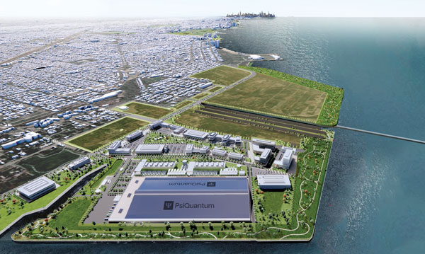 A rendering shows PsiQuantum and surrounding Illinois Quantum and Microelectronics Park in the far southeast corner of Chicago with downtown Chicago in the distant background.