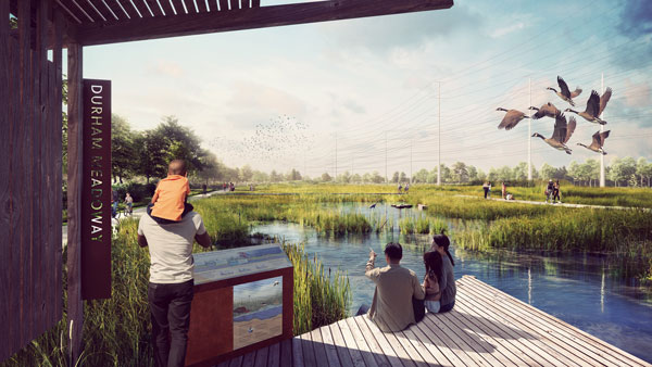 The Durham corridor visioning study calls for gathering spaces with educational signage at important wetlands.