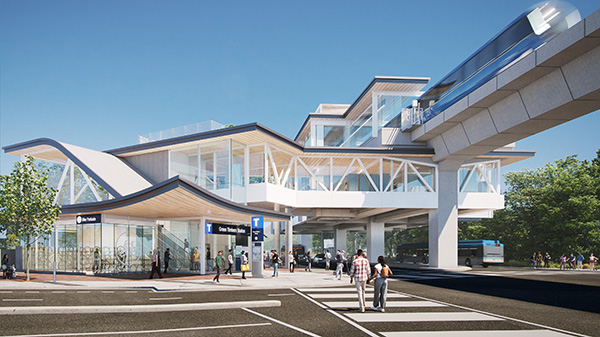 South Fraser Station Partners will build the eight new stations. Its members are Aecon Constructors, Acciona Infrastructure °ϲʿ2023 and Pomerleau BC. Pictured: preliminary rendering of the Green Timbers station.