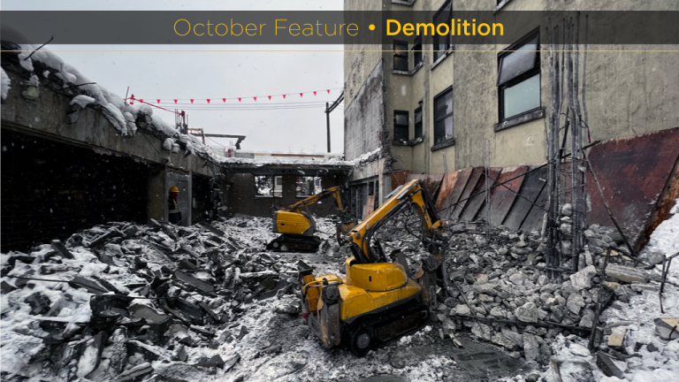 Cheeseman robot demolition machines work at removing concrete walls and the floor of a multi-storey residential building on East Hastings and were able to pull back the walls which were close to a neighbouring structures.