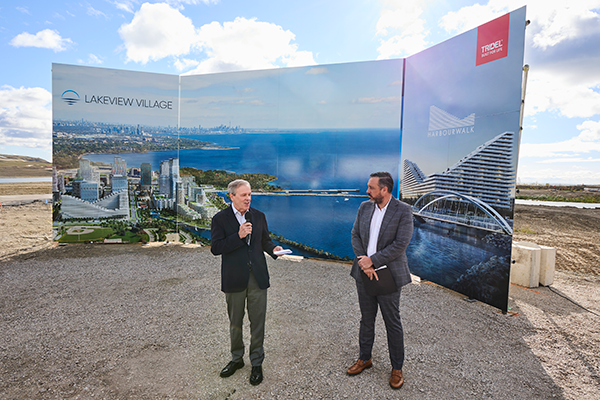 Jim Ritchie of Tridel (left) and Bruce Sutherland of Argo preside over the groundbreaking ceremony for Tridel’s Harbourwalk project in Mississauga Oct. 7.