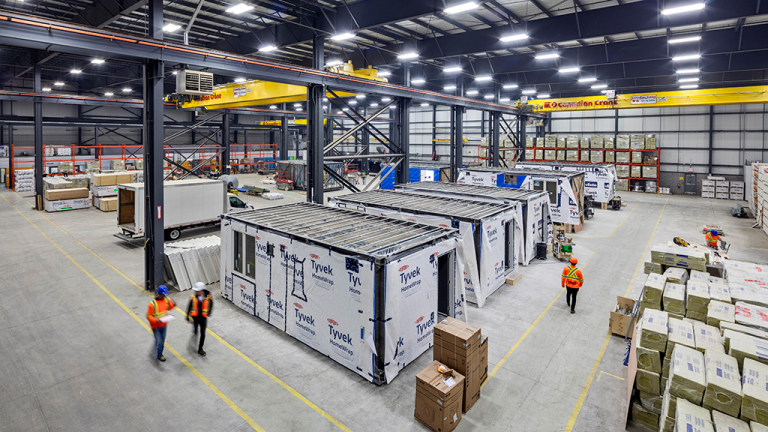 At the BECC plant, on a typical housing unit, the process starts with laser pre-cut, pre-drilled parts, and the process is complete with installation of appliances including toilets, furnishings and lighting. The module is then ready for delivery to the housing site.