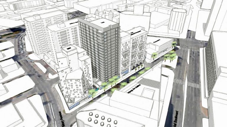 The University of Winnipeg Community Renewal Corporation 2.0 is building a mixed-income, mixed-use, 21-storey residential highrise in downtown Winnipeg. The $77 million project will contain 214 apartments, 86 of which will be set aside for affordable housing.