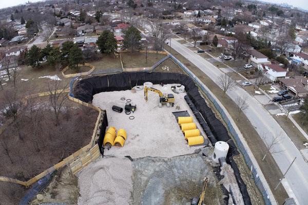 As the parks are located in proximity to large storm sewers, they provide a cost-effective method of diverting the flows.