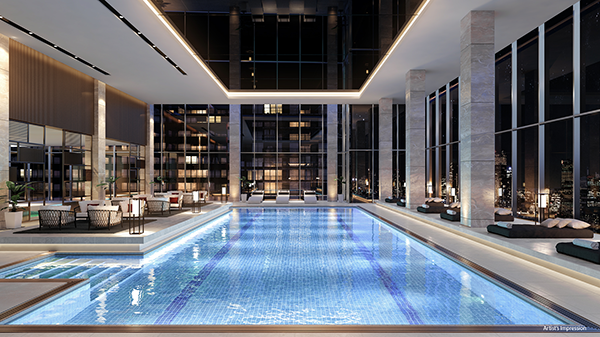 Amenities of Canada House include a sky gym, infinity dipping pool, sky banquet lounge, skating rink, multi-lane swimming pool, hot tub and sauna, outdoor barbeque, screening room and games room.