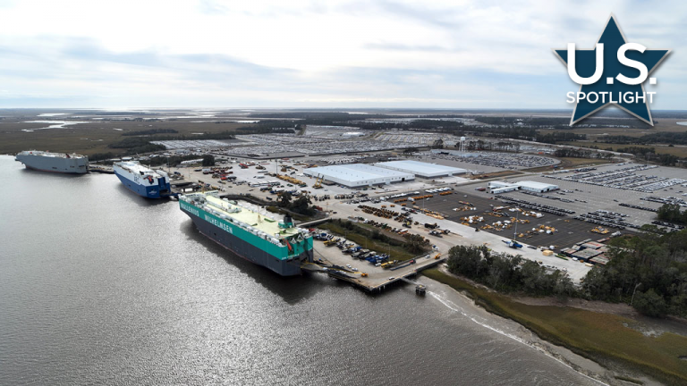 The Georgia Ports Authority is funding $4.5 billion worth of work on a number of large projects at gateways in Savannah and Brunswick over the next 10 years. At the Port of Brunswick (pictured), which has three deepwater terminals, a fourth berth and another 50 acres of paved vehicle storage are being added at the Colonel’s Island Terminal.