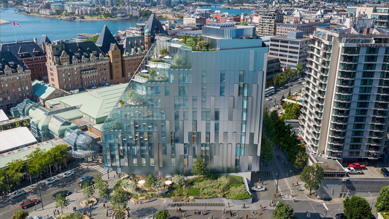 Telus’s 10-storey Ocean tower is due for completion by mid-2026. Designed by Diamond Schmitt, the building is a glass prism shape, with a striking curtain wall.