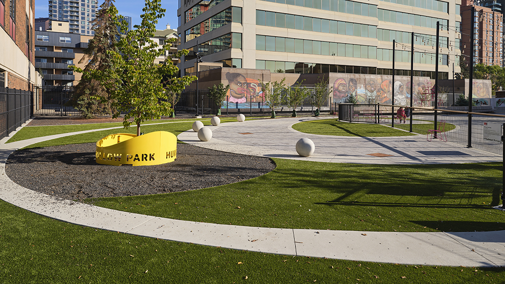 A tree guard and permanent seating along with movable furniture define the space around Humpy Hollow Park.