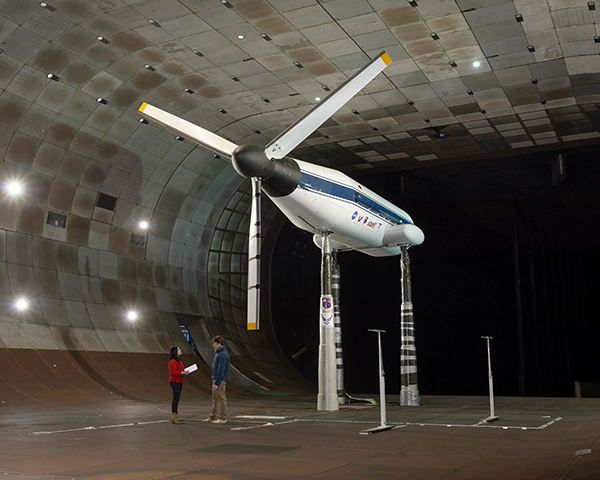 A section of the National Full-Scale Aerodynamics Complex at NASA’s Ames Research Center, which studies rotor blade design. The area pictured measures 40-by-80 feet. Moffett Field, Ca.